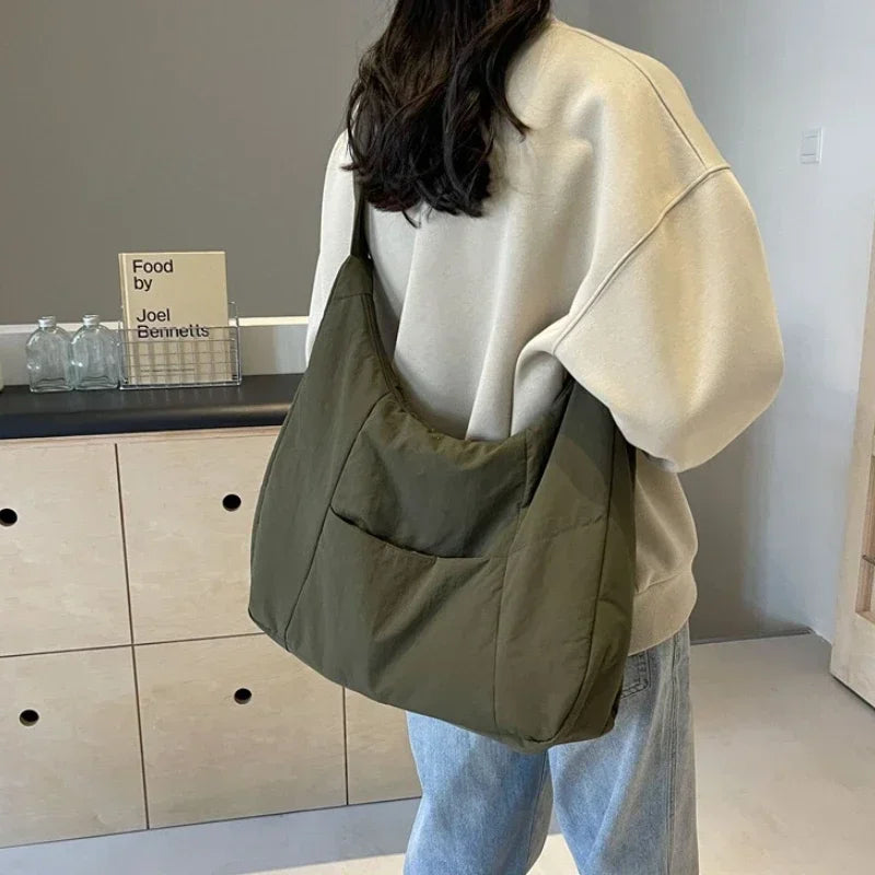 Trendy women's soft cloth shoulder bag, solid olive green, oversized crossbody bag