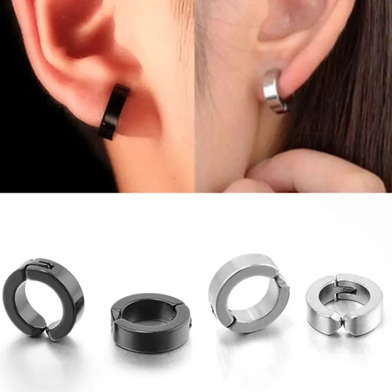 2 pcs stainless steel ear clip earrings, black and silver circular hoops, no-piercing fake ear jewelry