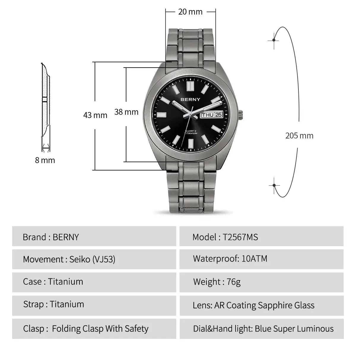 BERNY titanium men's watch with black dial, silver bracelet, sapphire glass, 10ATM waterproof