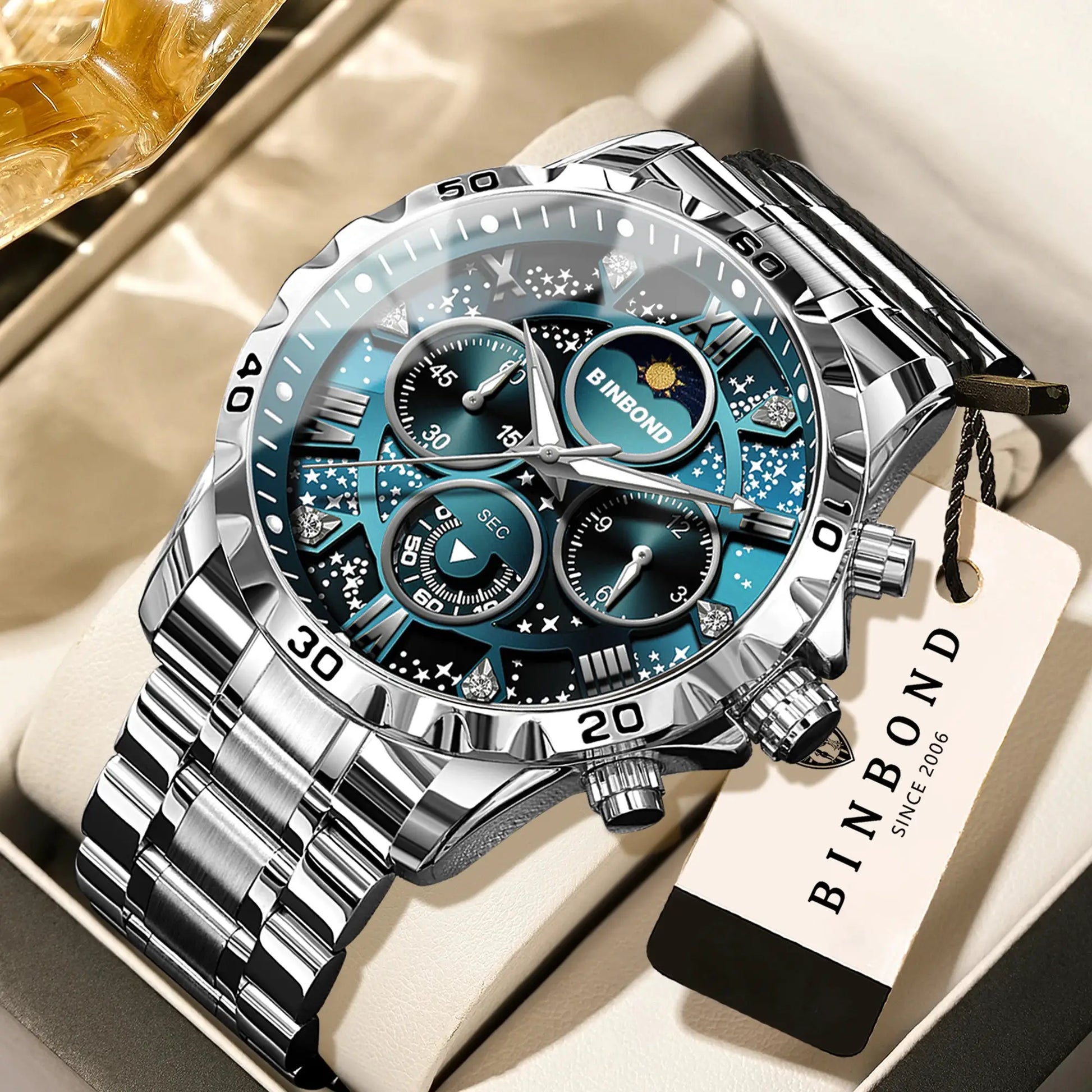 BINBOND stainless steel luxury chronograph watch for men with luminous blue dial