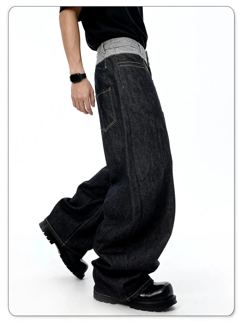 LIYS men's baggy wide-leg denim jeans with a two-tone gray waistband in dark wash, Simples Market
