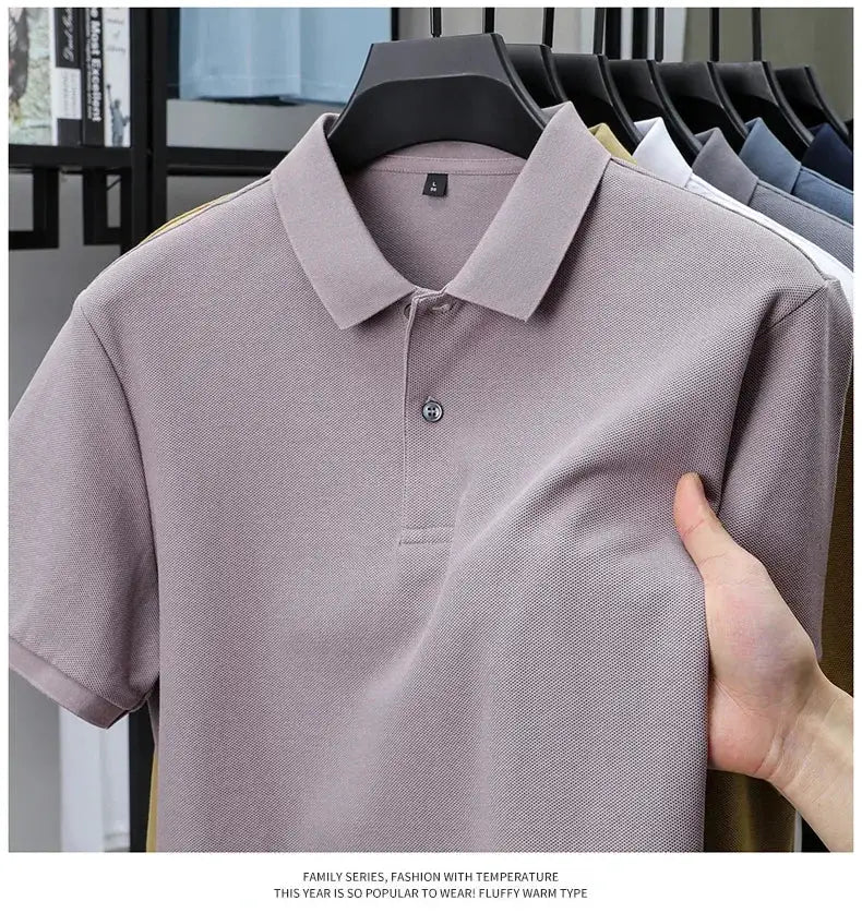 Men's 100% cotton polo shirt by Simples Market; dusty pink, silk-like finish, short sleeves, assorted colors