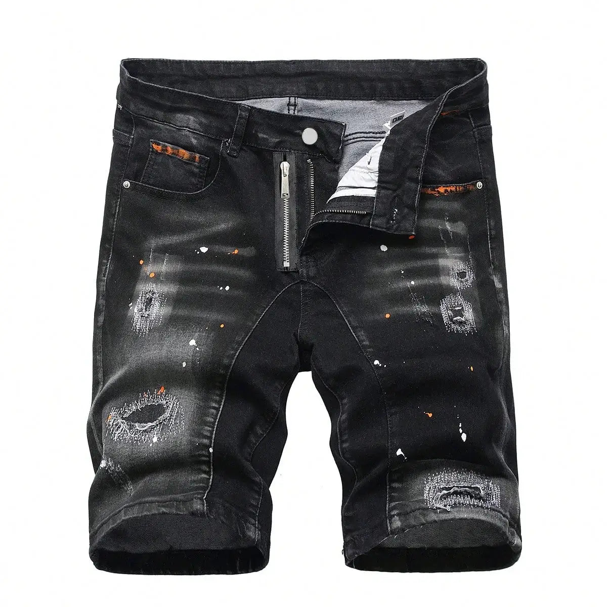 Denim shorts for men by Simples Market, black distressed knee-length with zipper fly
