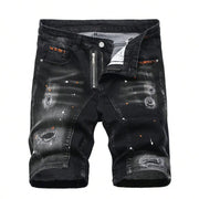 Denim shorts for men by Simples Market, black distressed knee-length with zipper fly