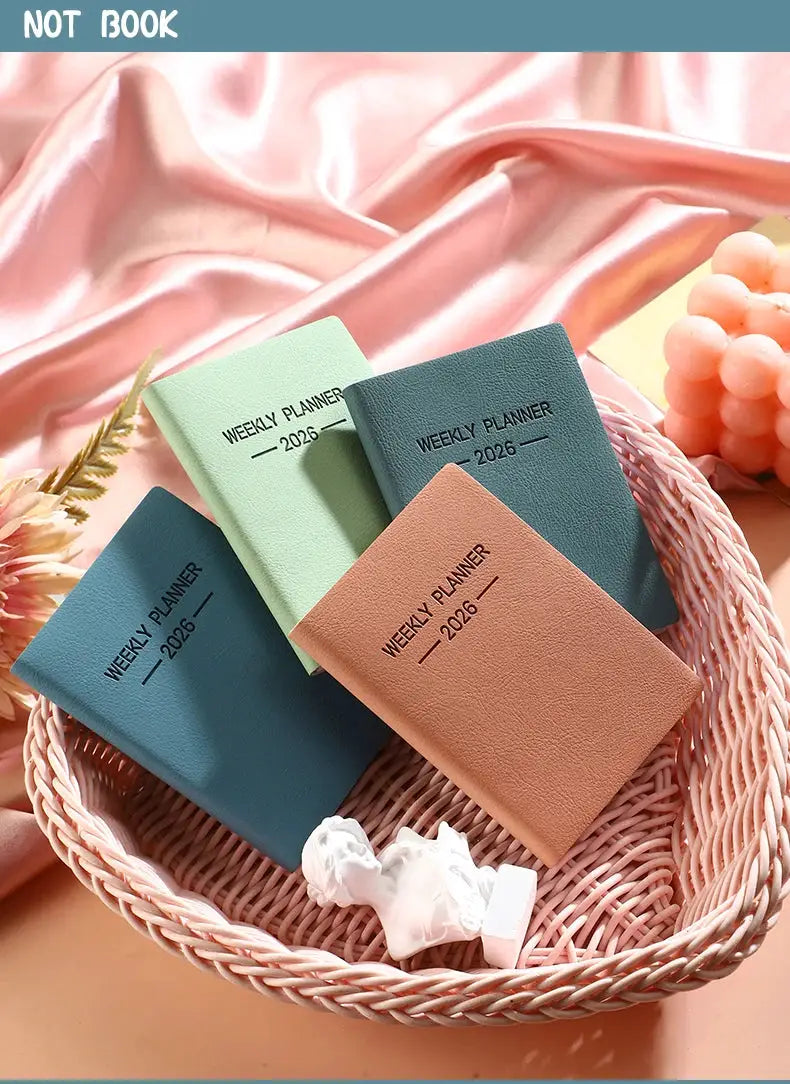 Weekly planner notebooks with Morandi PU covers in pastel tones, 4-pack A7 2026