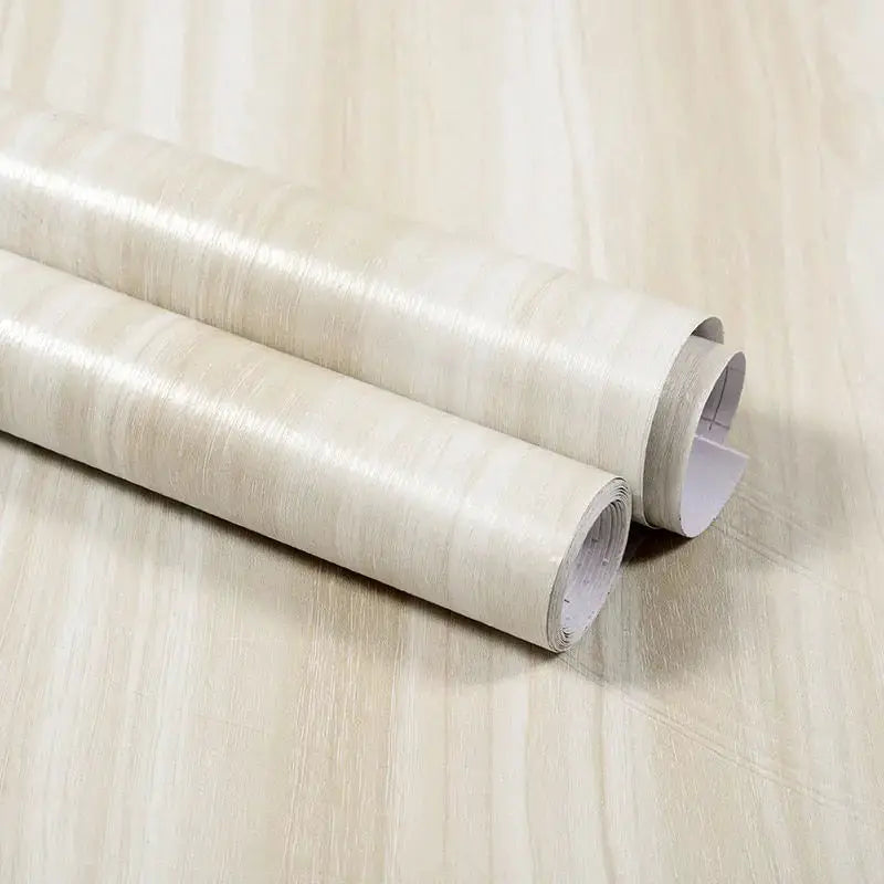 Wood-look vinyl wallpaper rolls, beige self-adhesive for walls and furniture (two rolls shown)
