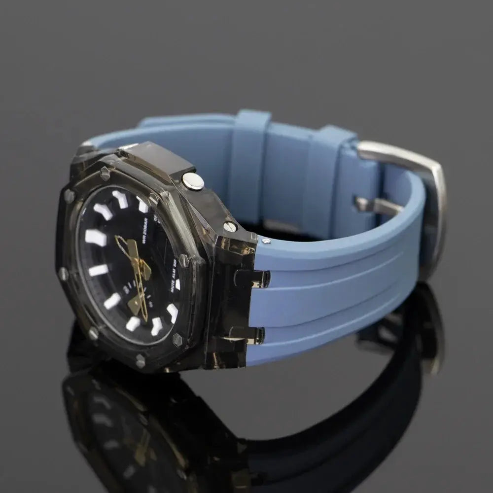 Simples Market Casioak GA2100/GA2110 mod kit with transparent PC case and blue rubber strap