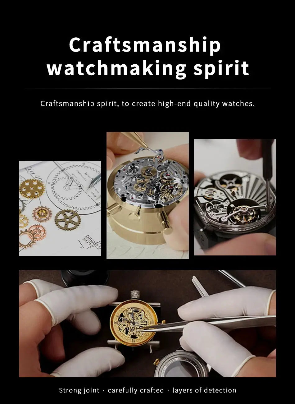Men's wristwatch movement collage (5 panels) with gold and silver gears and watchmaking tools on black background