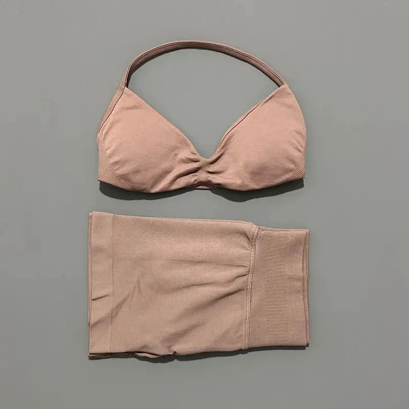 Histello 2 Piece Women Yoga Set Strappy Bra Top Scrunch Shorts