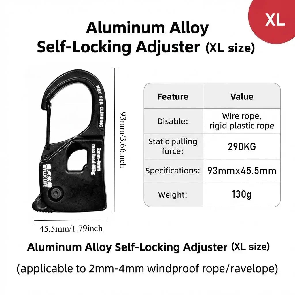 Black aluminum alloy self-locking rope tensioner (XL) for 2-10mm rope; anti-slip tarp tightener.