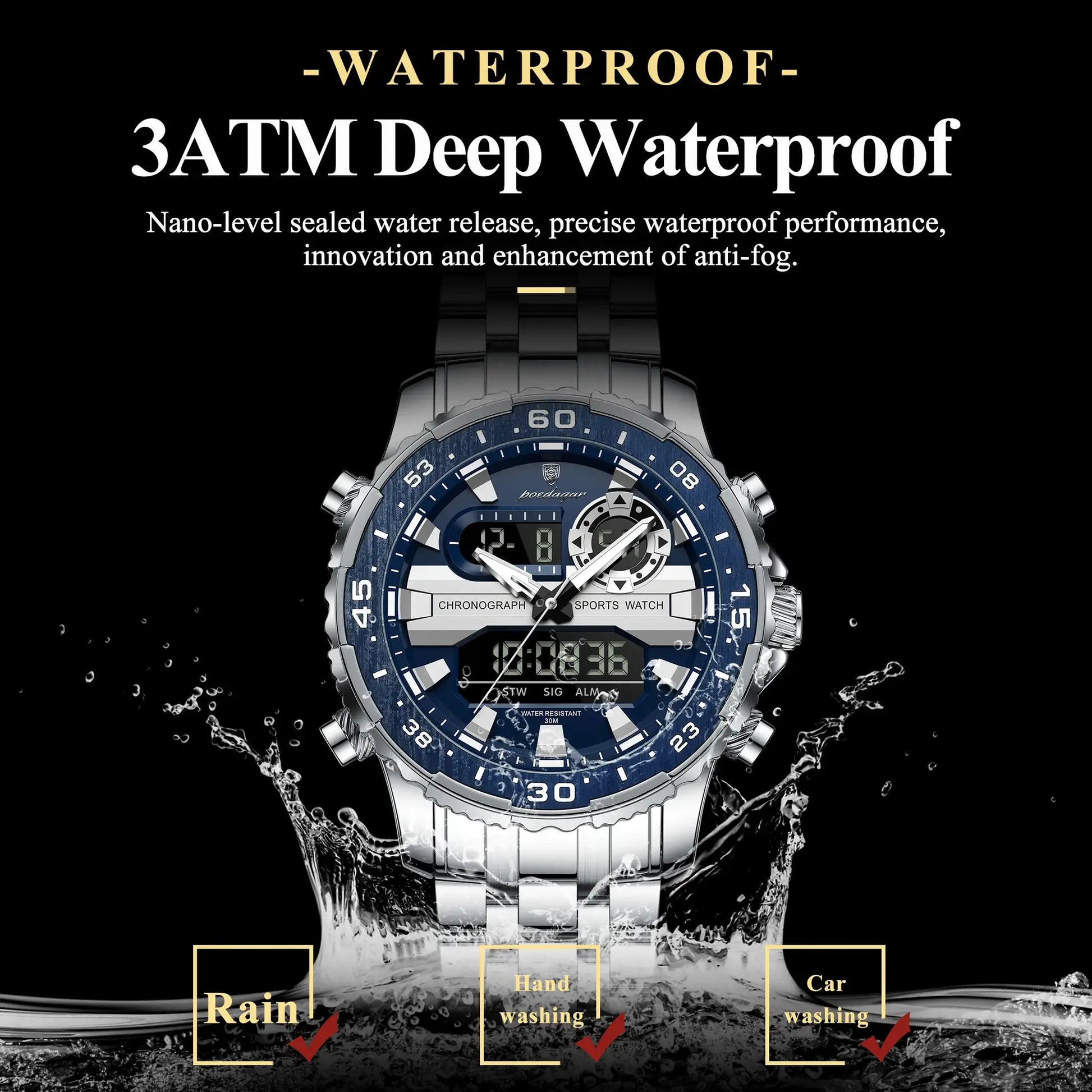 POEDAGAR men's digital LED wristwatch by Simples Market, blue bezel stainless steel band, water resistant 3ATM sleek sports watch
