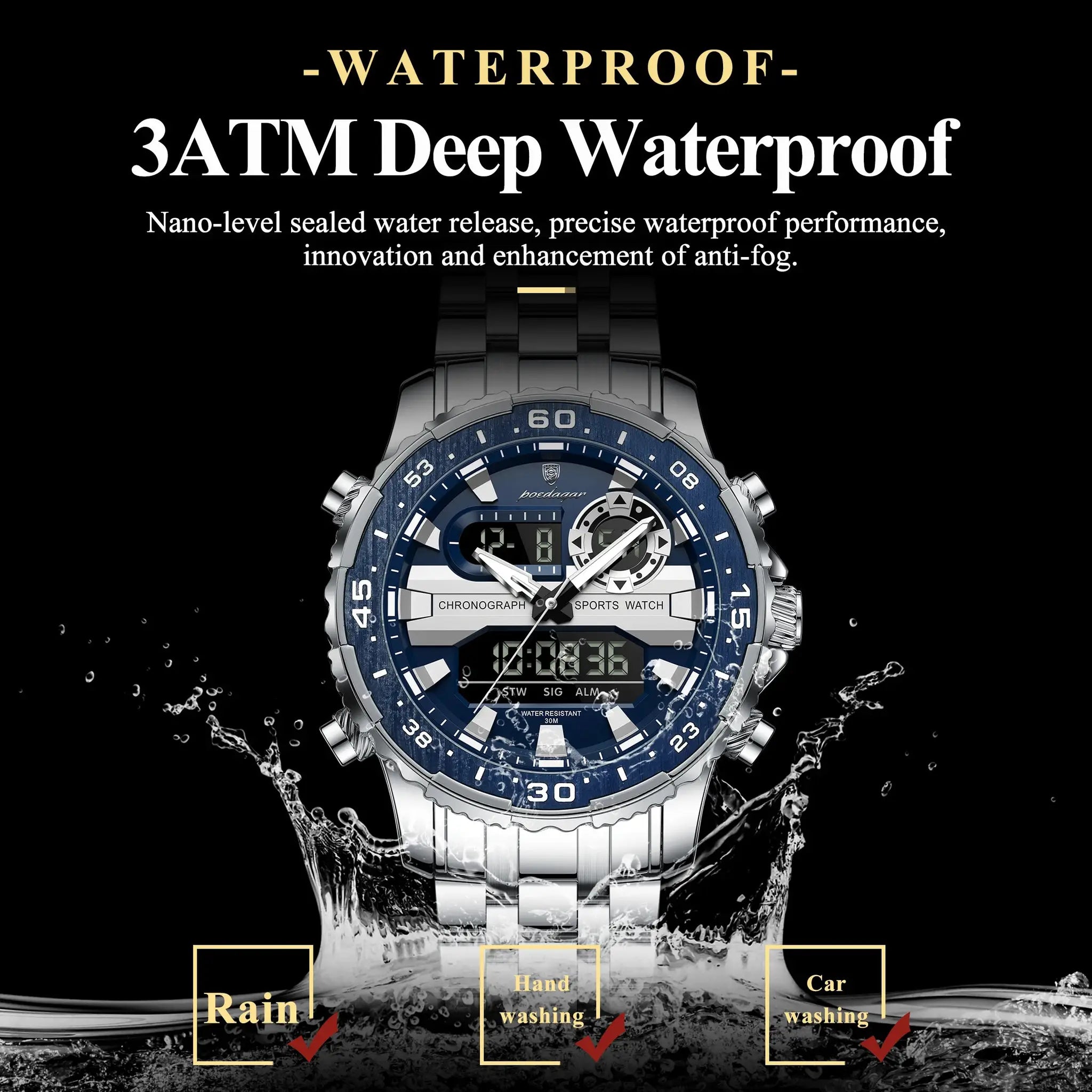 POEDAGAR men's digital LED wristwatch by Simples Market, blue bezel stainless steel band, water resistant 3ATM sleek sports watch