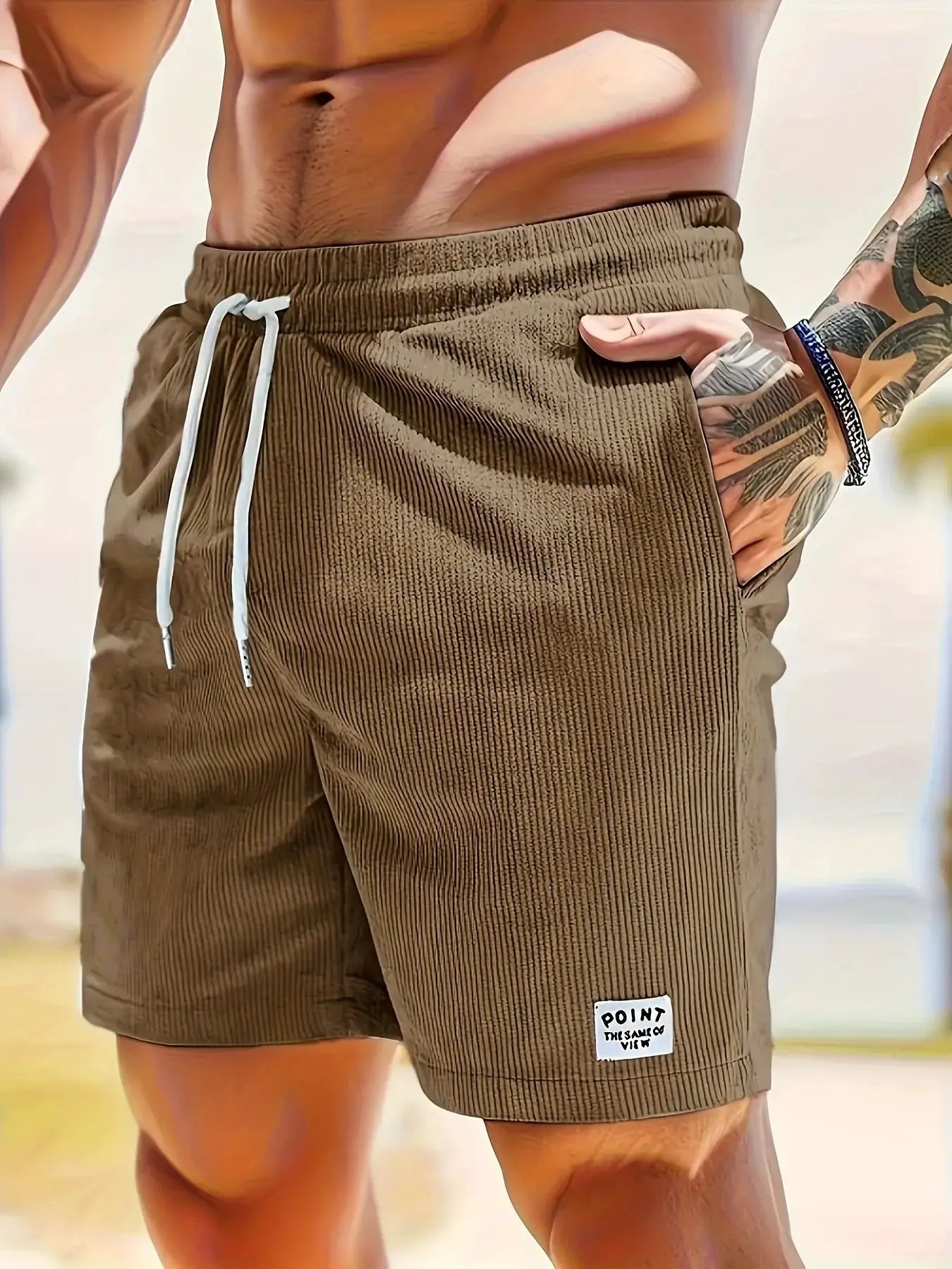 Men's brown corduroy shorts with white drawstrings, Simples Market