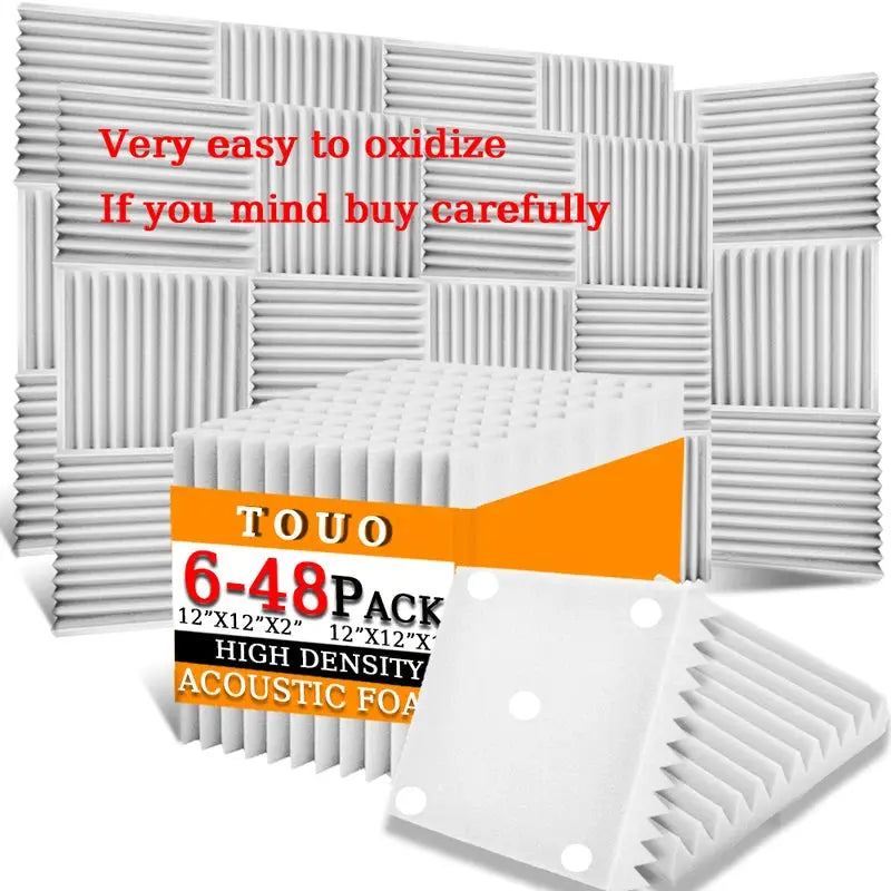 TOUO acoustic foam panels, 6-48 pack, high-density white soundproofing tiles for studio