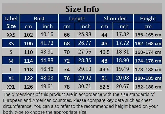 Parker men’s down jacket size chart by Simples Market showing bust, length, shoulder, height for XXS–XXL