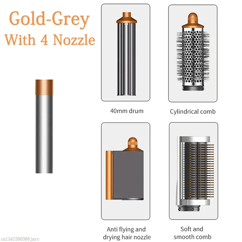 SenCiciMen X9 multi hair styler in gold-gray with 4 nozzles: 40mm drum, cylindrical comb, anti-fly nozzle, soft comb.