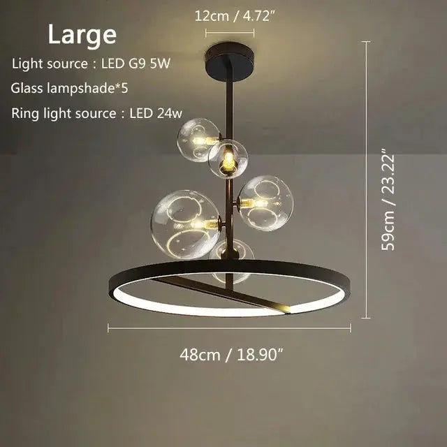 Modern art glass chandelier with glass globes and LED ring, black metal frame, 59 cm tall