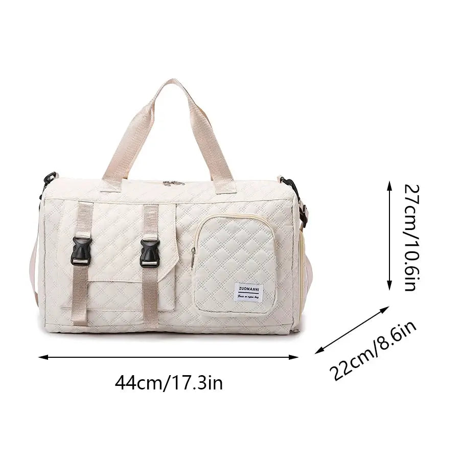 Durable nylon travel duffle bag in beige quilted pattern with top handles, detachable strap, and Zuomani.