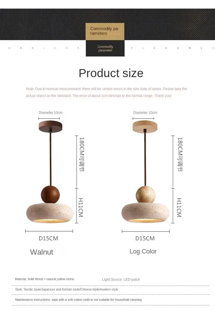 Two vintage pendant lights by Simples Market with natural yellow agate stone, walnut and log color finishes