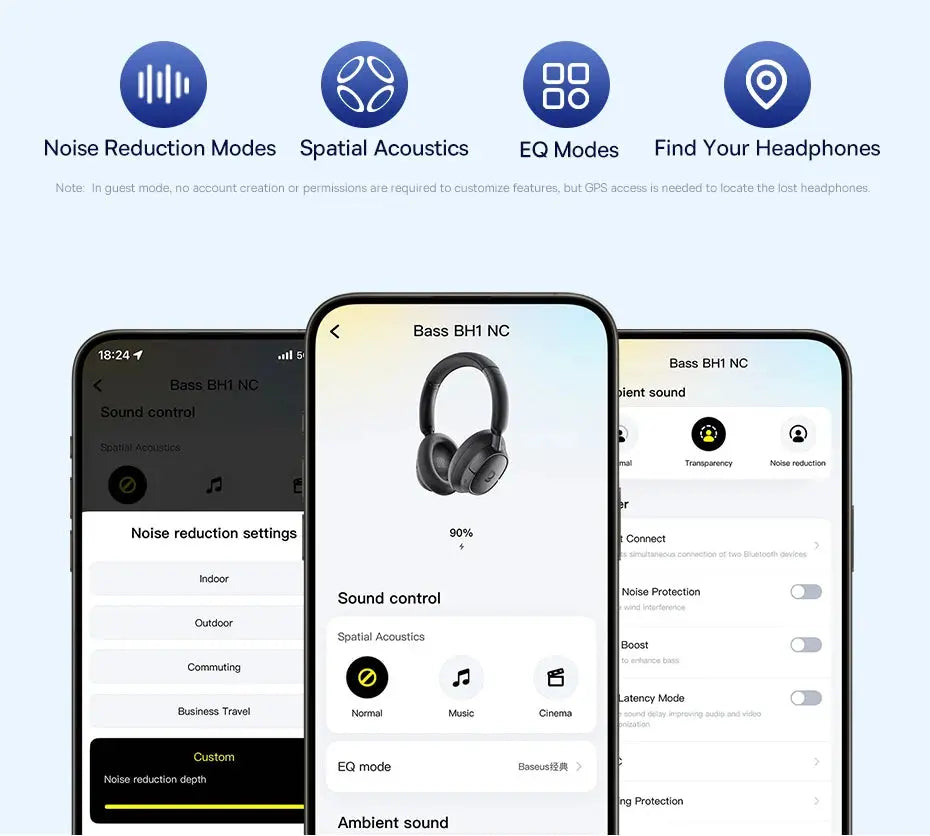 Baseus EH10 NC ANC wireless headphones in black; three smartphones display noise-cancelling app controls.