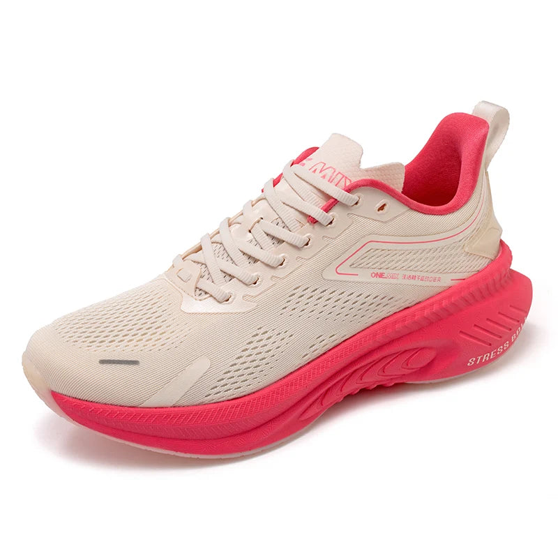 ONEMIX men's summer breathable running shoes with beige mesh upper and pink cushioned sole by Simples Market.