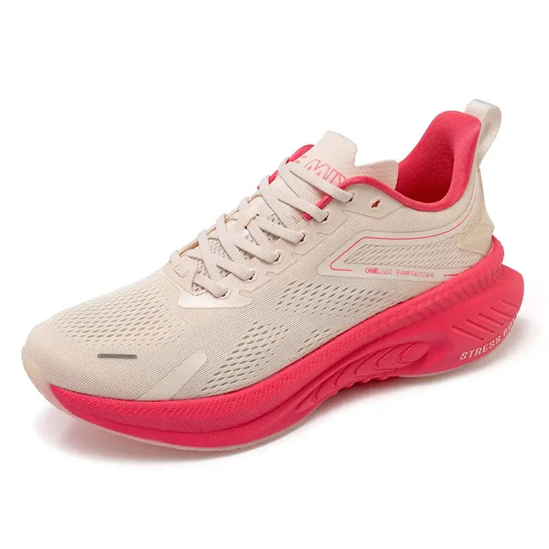 ONEMIX Men running shoes by Simples Market, breathable beige knit upper with pink cushioned midsole