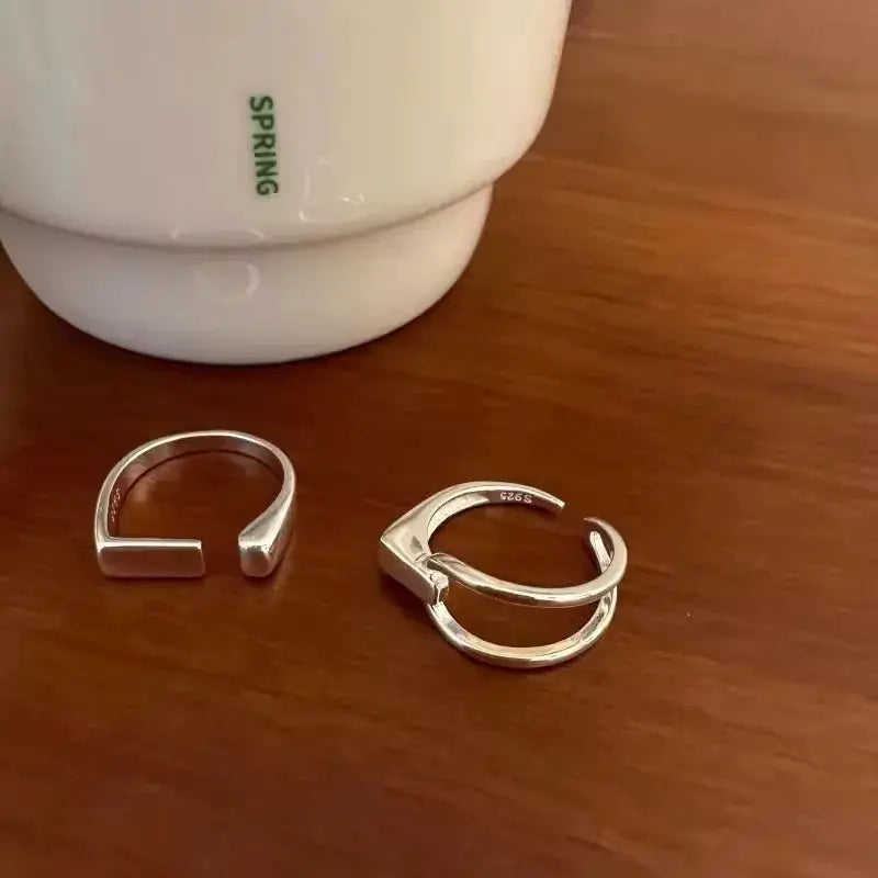 Ventfille 925 Sterling Silver Rings Fashion Hip Hop Vintage Couples Hollow Lines Punk Silver Party Adjustable Jewelry