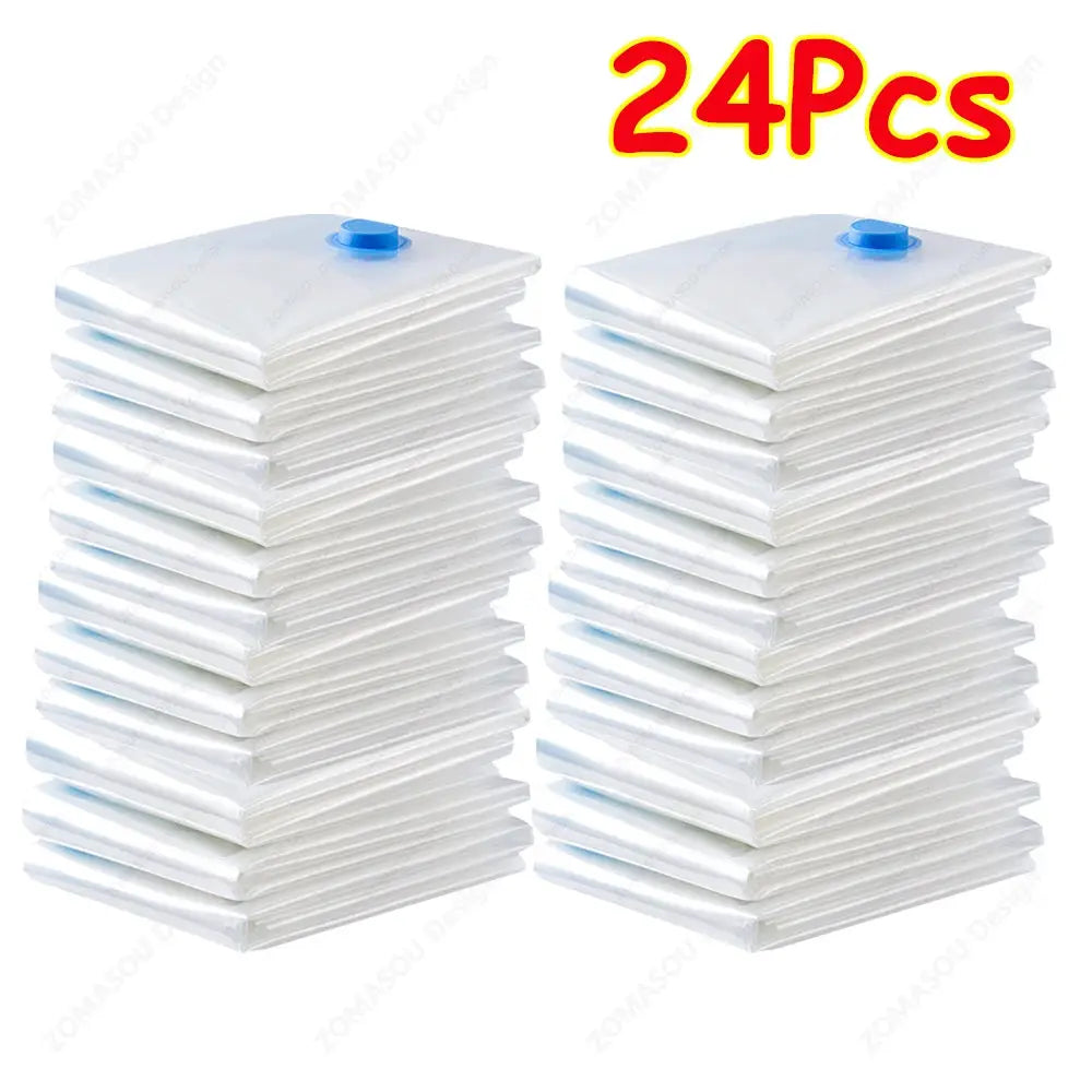 1 To 24 Pcs Reusable Vacuum Storage Bags With Hand Pump For Clothes And Travel Space Saving Clear Folding Bags