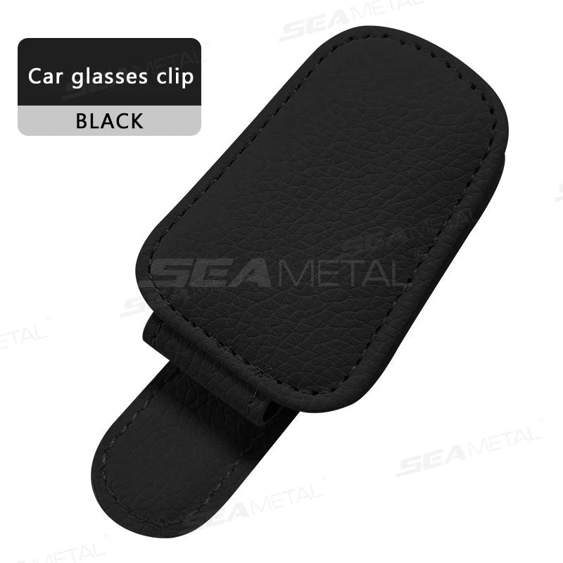 Car sun visor clip glasses case in black PU leather, sunglasses holder