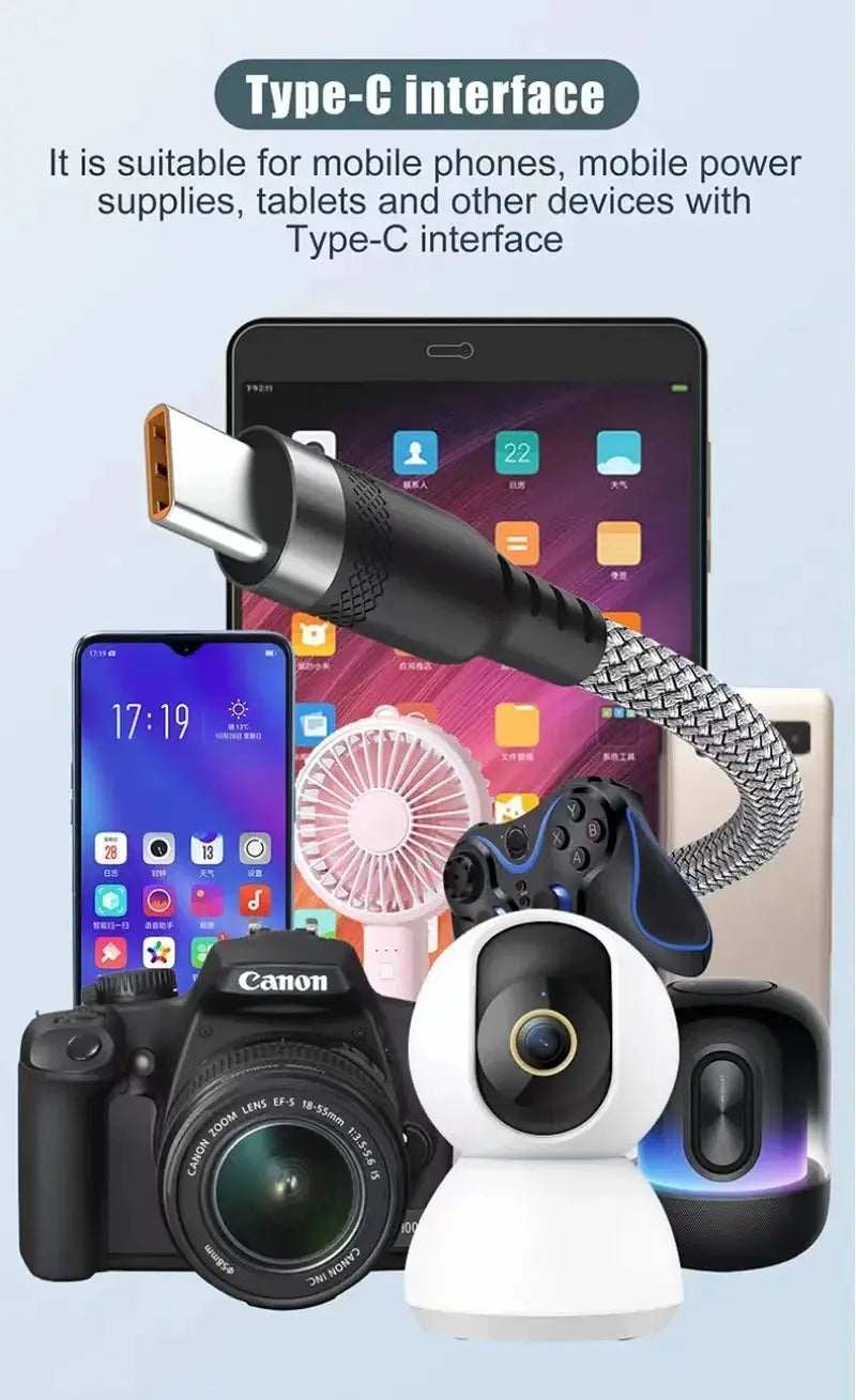 USB Type-C braided 5A fast-charge cable with orange connector tip