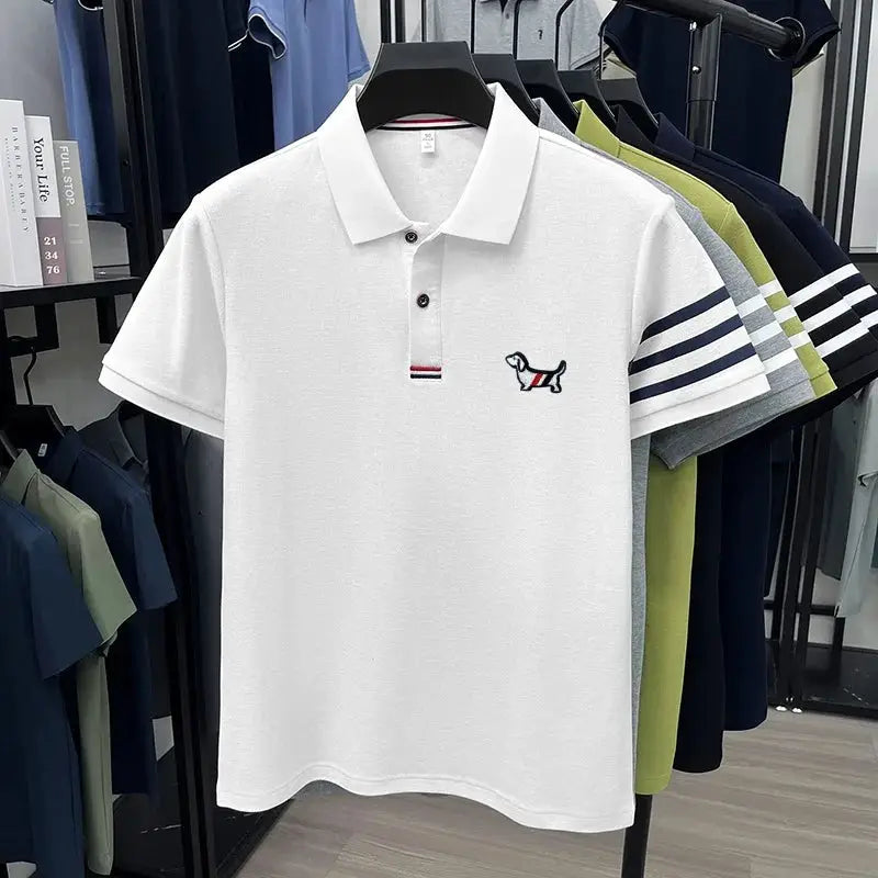 Men's polo shirt by Simples Market, white short sleeves with puppy embroidery on chest and striped sleeve detail