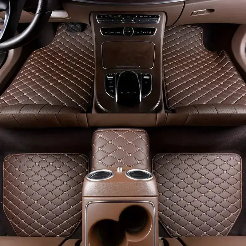 5Pcs car floor mats brown PU leather diamond-quilted, waterproof all-season set by Simples Market