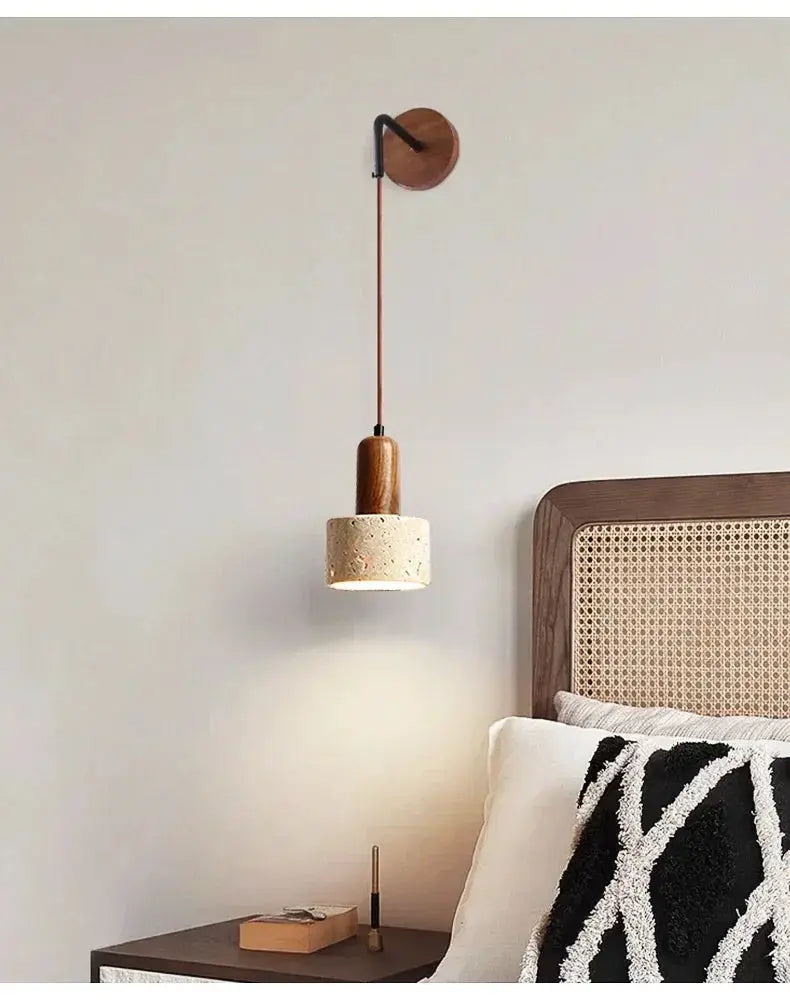 Wall lamp bedside pendant, Simples Market, natural stone shade with peach wood accent, LED retro sconce