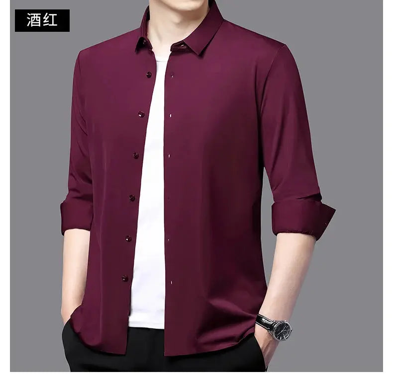 Premium men's burgundy ultra-stretch shirt with silky finish and rolled-up sleeves