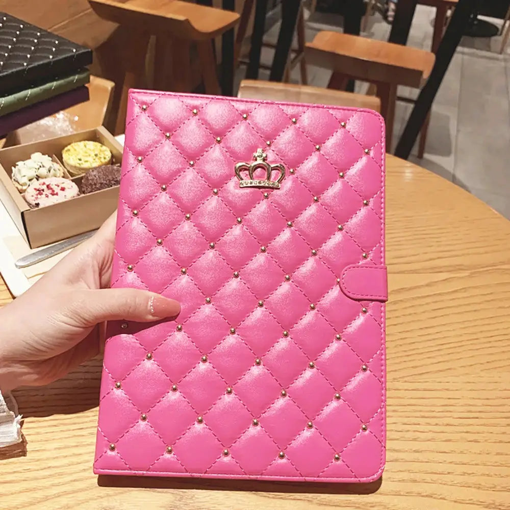 Ipad Lambskin Stand Smart Case Crown Rivet Design Plaid Pattern Scratch Resistant PU Leather