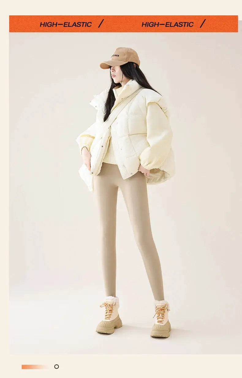 BIVIGAOS leggings, beige high-waist fleece sharkskin, seamless slim-fit, warm velvet thickened fabric.
