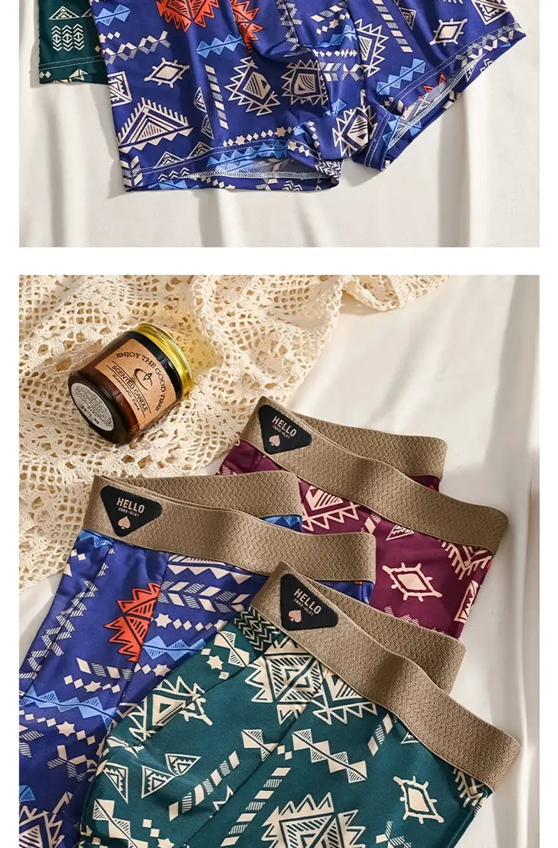 3-pack men's boxer shorts with geometric ice-silk prints, breathable elastic waistband featuring Hello logo