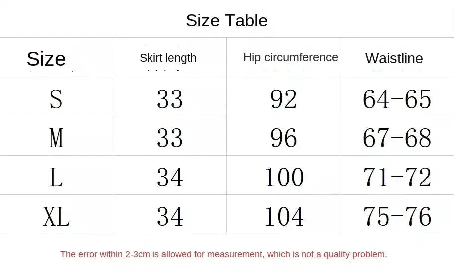 White raw irregular denim skirt by Simples Market — size table with waist and hip measurements (S–XL).