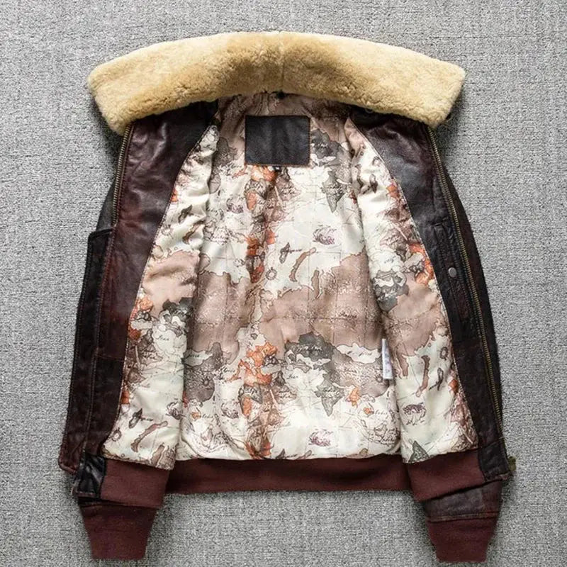 Simples Market brown cowhide Air Force flight jacket with fur collar and camo-lined interior