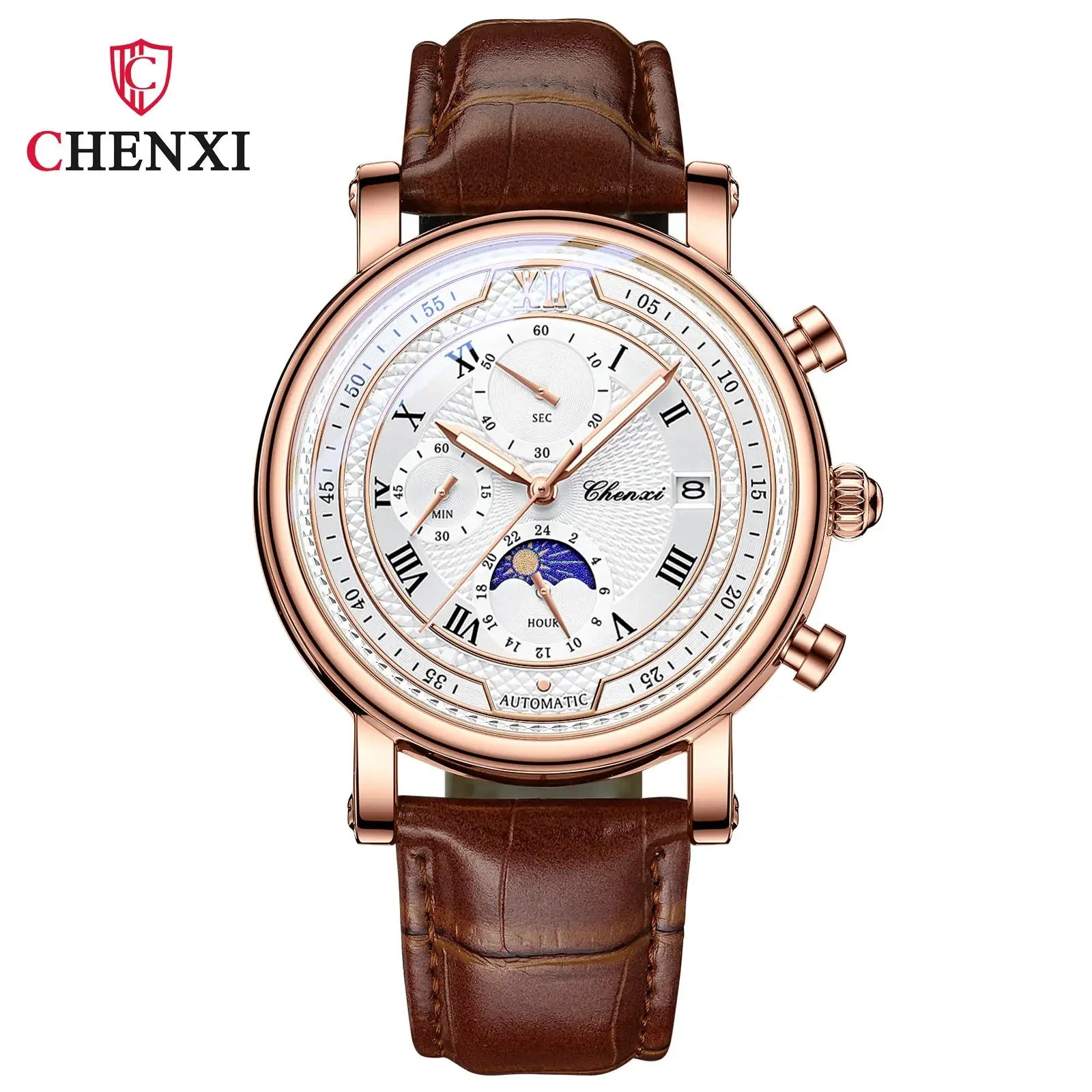 Simples Market Chenxi 976 leather chronograph date men's watch with rose gold case and brown strap