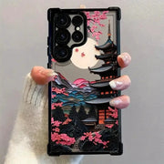 Simples Market Japanese-Style Ancient House Airbag phone case for Samsung Galaxy, clear with pagoda and cherry blossom.