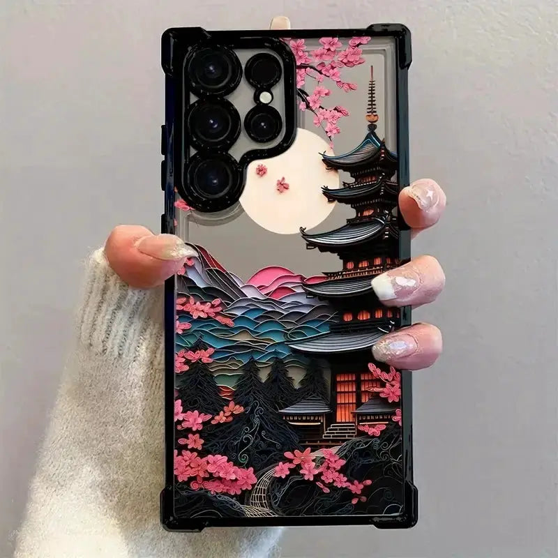 Simples Market Japanese-Style Ancient House Airbag phone case for Samsung Galaxy, clear with pagoda and cherry blossom.