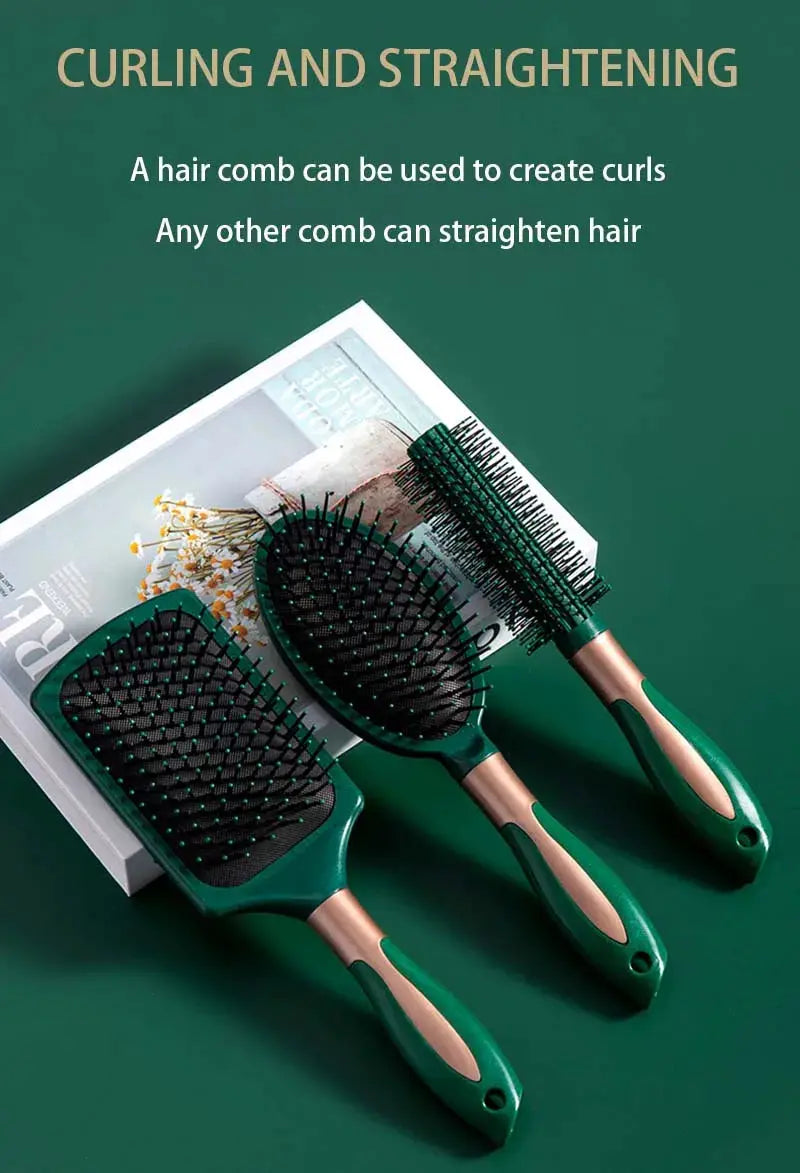 KLINA hair massage air cushion comb brush set of 3, green oval paddle brushes with rose-gold handles, Simples Market.