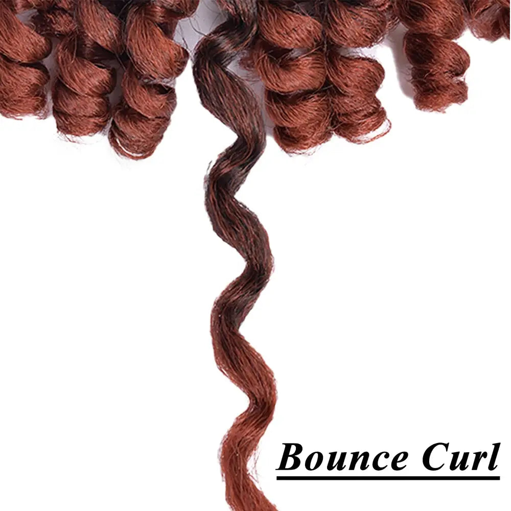 Synthetic ombre braiding hair with jumpy wand curl crochet braids; red-brown bundles and a long wavy strand, Bounce Curl text visible