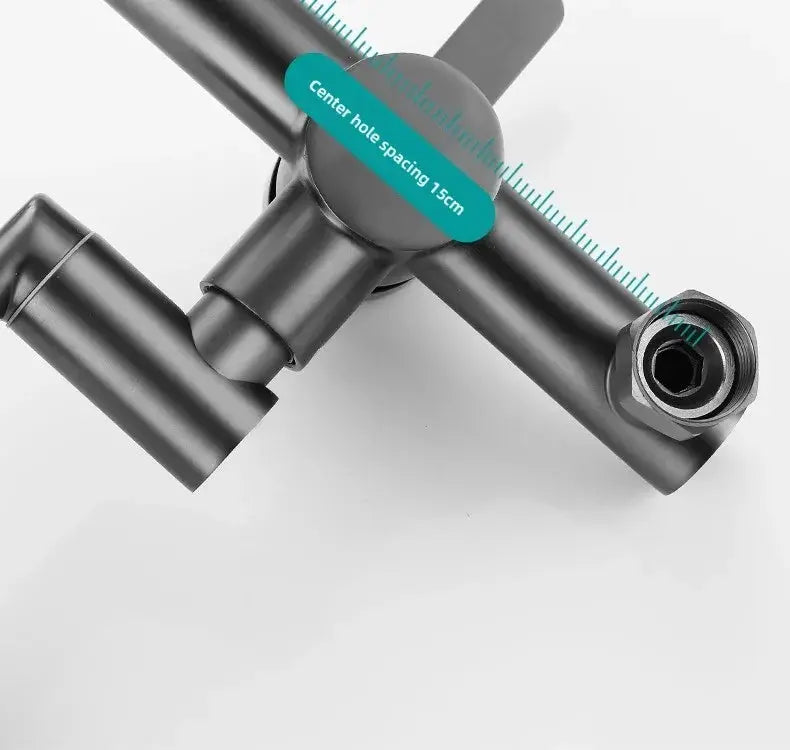 Stainless steel wall-mounted kitchen faucet with 360° rotation and 15 cm center hole spacing.