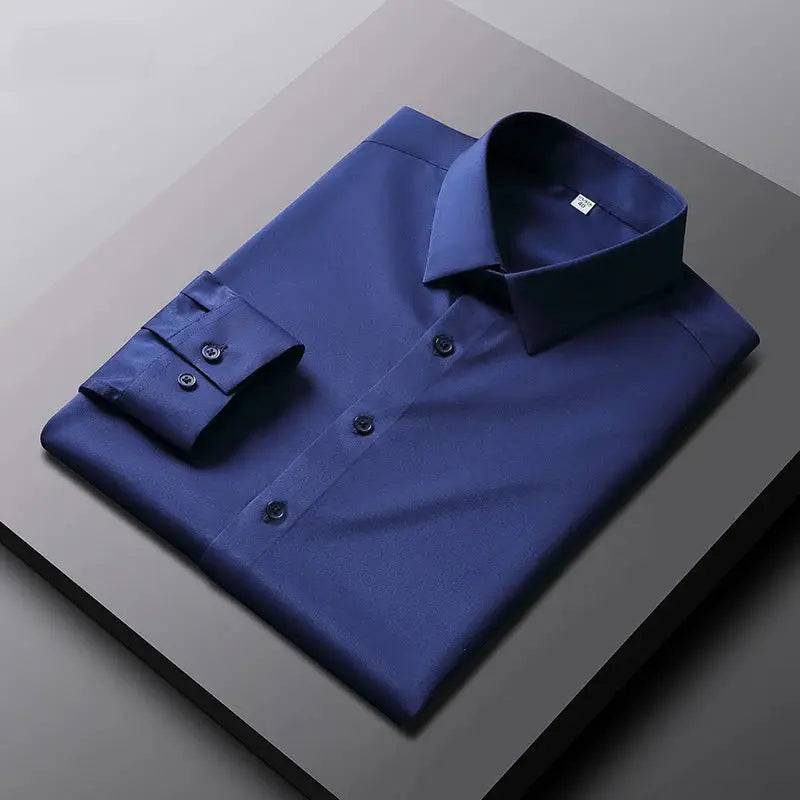 Men's long-sleeve solid blue dress shirt, wrinkle-resistant, non-iron, folded neatly