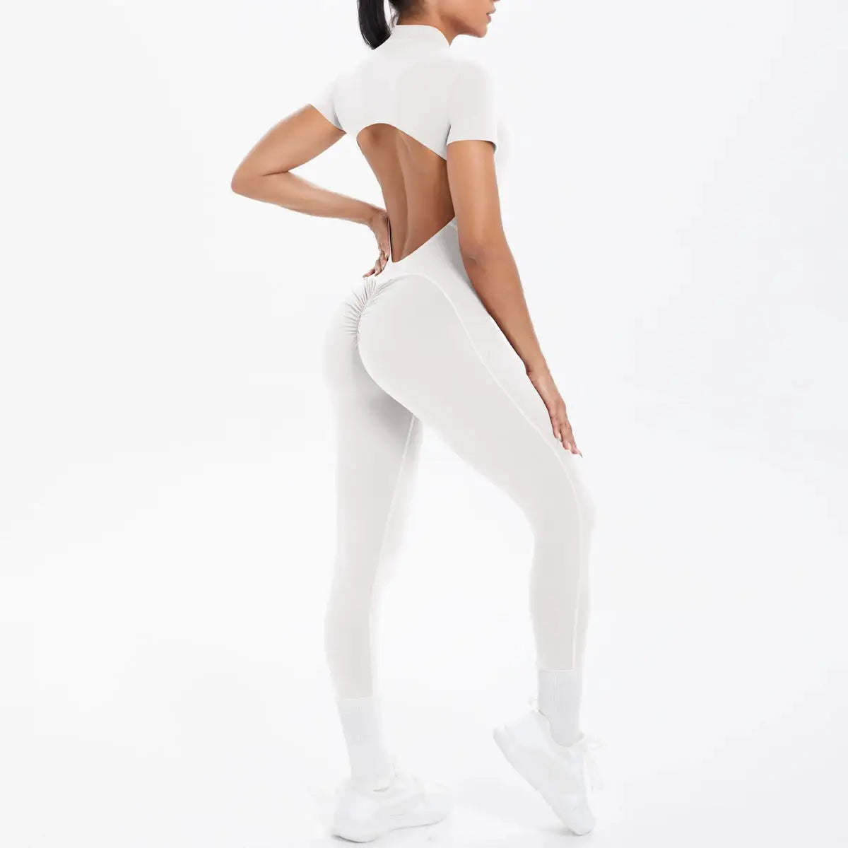 White short-sleeve one-piece fitness jumpsuit for women with backless cut-out and scrunch rear