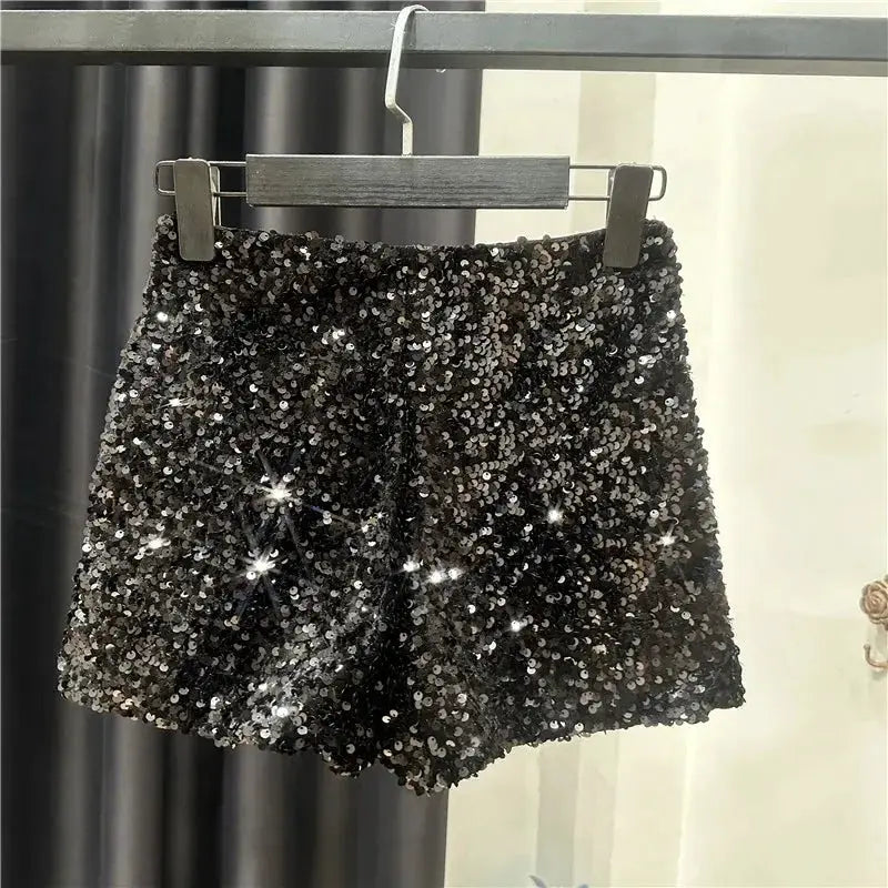 Black velvet sequined shorts for women, shiny clubwear hot pants