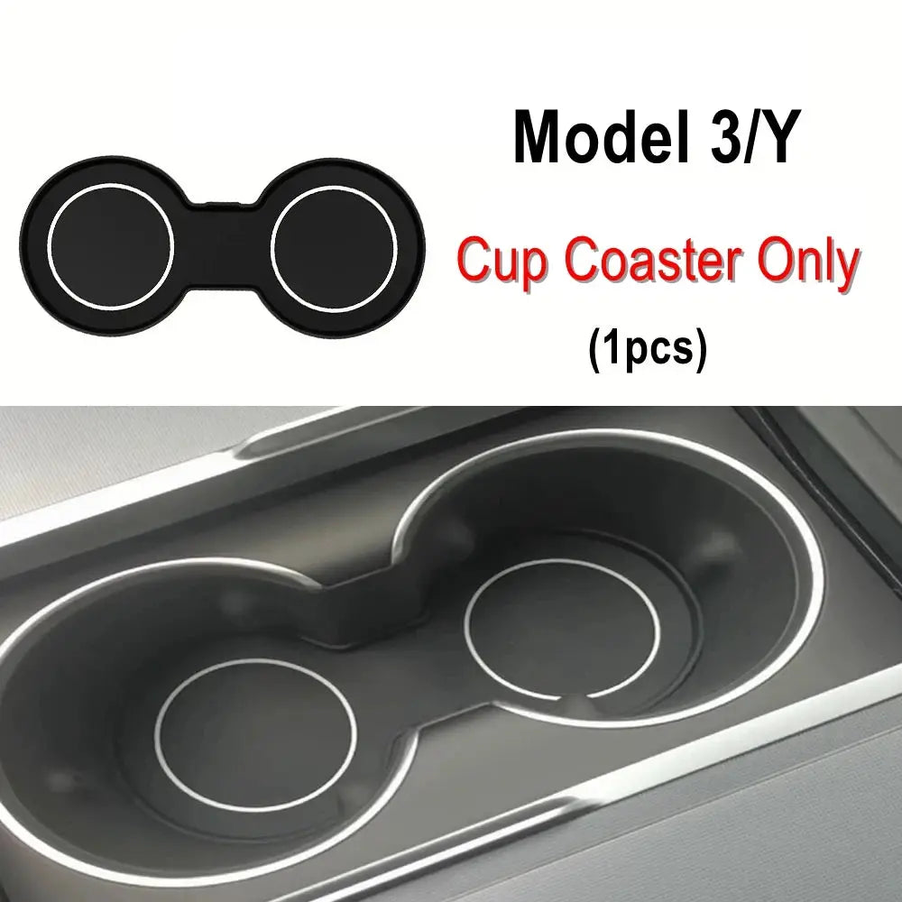 Cup coaster for Model 3/Y in black with white ring accents, fits dual center cup holders (1pc)