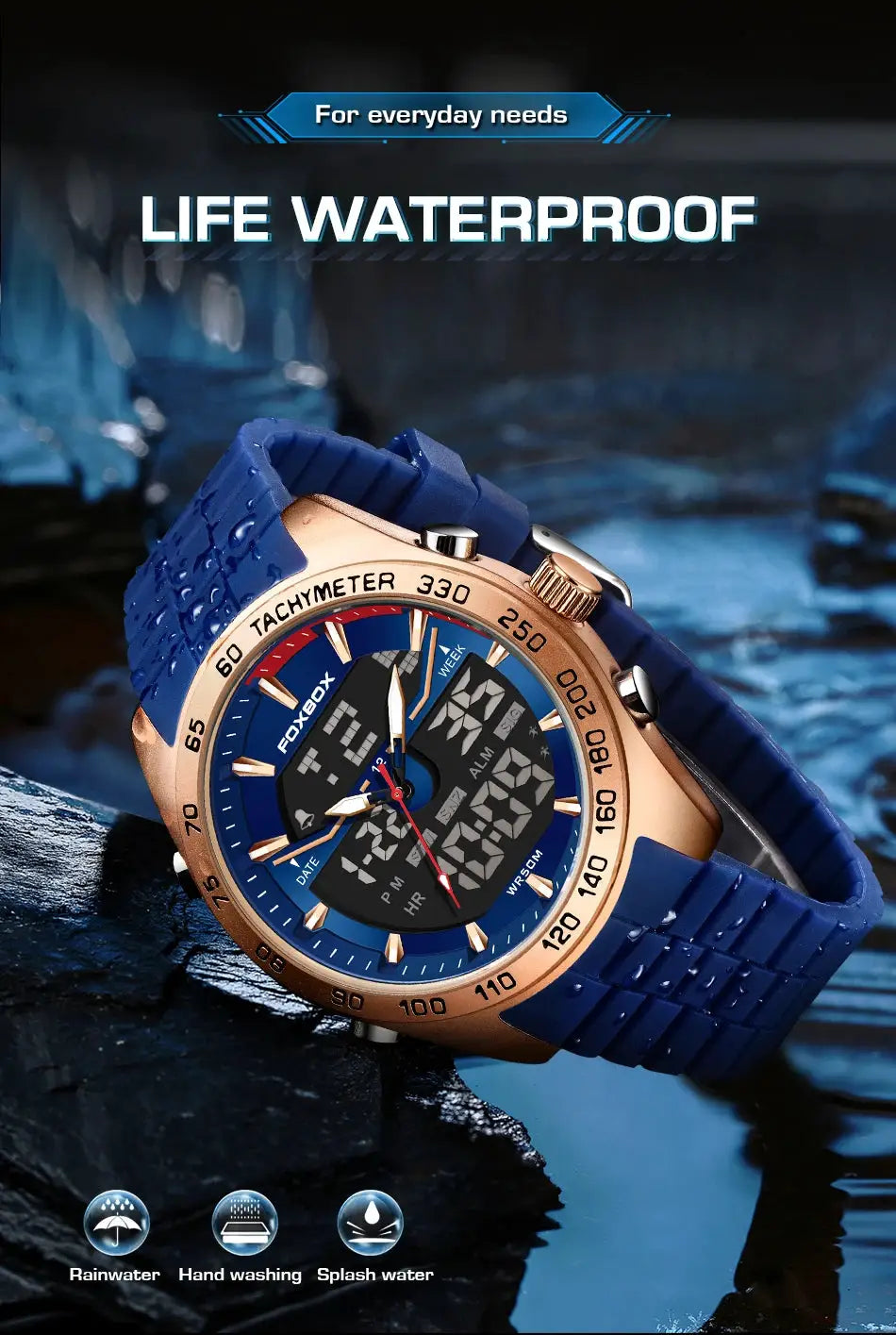 FOXBOX men's luxury digital-analog watch with blue silicone strap and rose-gold bezel, 30M waterproof by Simples Market
